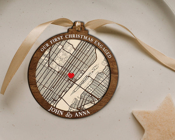 Custom Engaged Ornament, Couples Ornament, Our First Christmas Ornament, Engagement Ornament, Couple Map Ornament, Engagement Christmas Gift