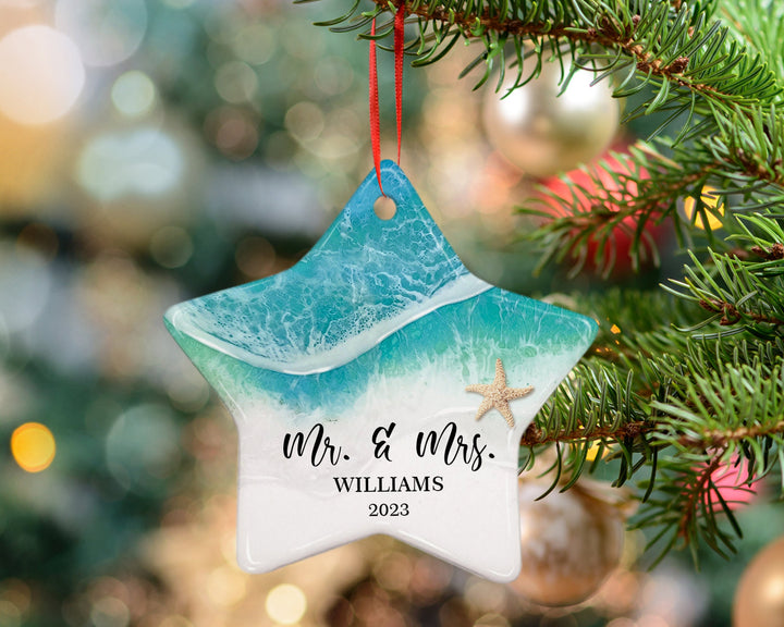 Heart Beach Ornament, Personalized Couple Name Ornament, Engagement Ornament, Couples Gift, Married Ornament, Couples Christmas Ornaments