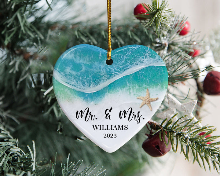 Heart Beach Ornament, Personalized Couple Name Ornament, Engagement Ornament, Couples Gift, Married Ornament, Couples Christmas Ornaments