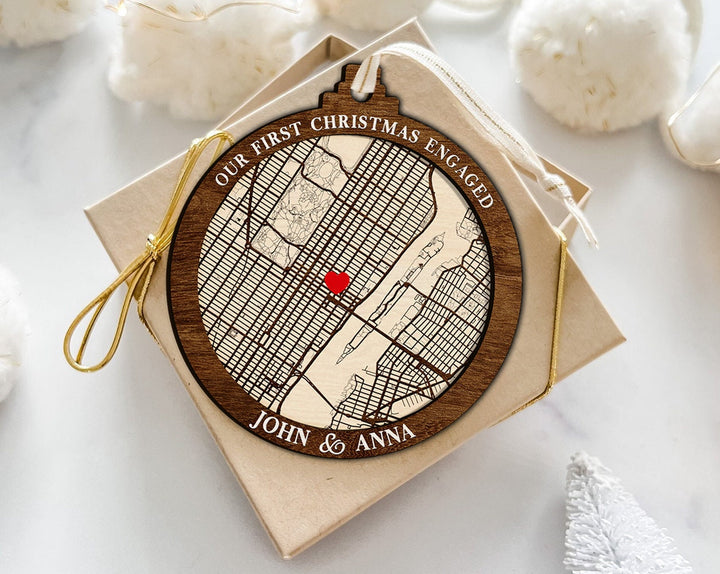 Custom Engaged Ornament, Couples Ornament, Our First Christmas Ornament, Engagement Ornament, Couple Map Ornament, Engagement Christmas Gift