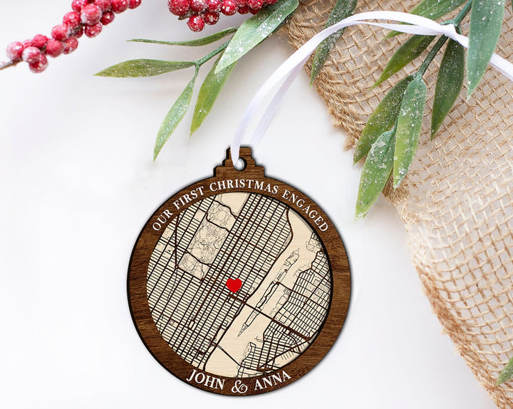 Custom Engaged Ornament, Couples Ornament, Our First Christmas Ornament, Engagement Ornament, Couple Map Ornament, Engagement Christmas Gift