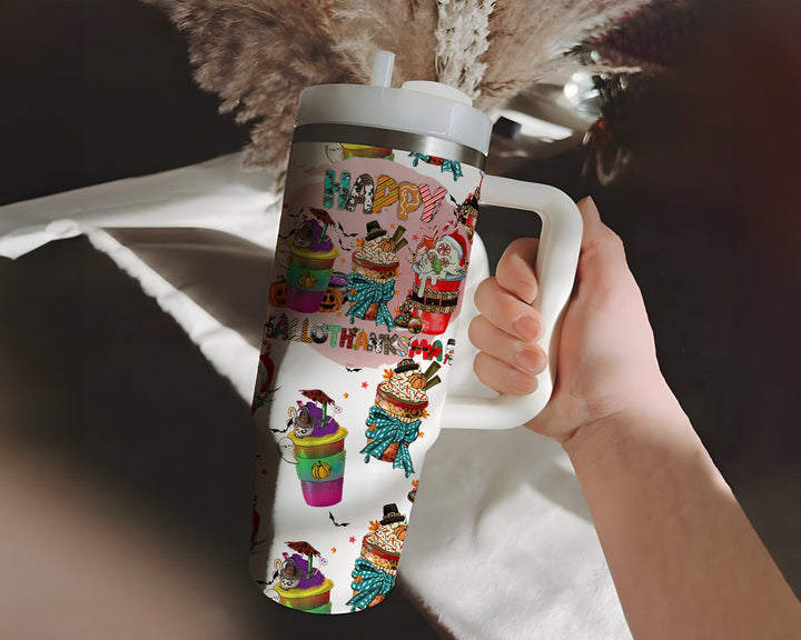 Happy Hallothanksmas Tumbler, Christmas 40oz Tumbler with Handle and Straw, Halloween and Thanksgiving Stainless Steel Travel Cup.