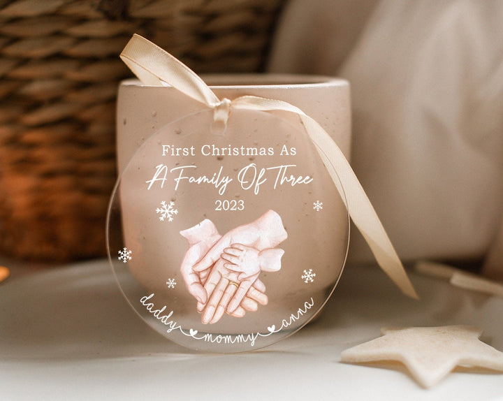 Family Of Three Ornament, Custom New  Family Ornament, Family Christmas Ornament, New Parents Christmas Gift, Baby First Christmas Ornament