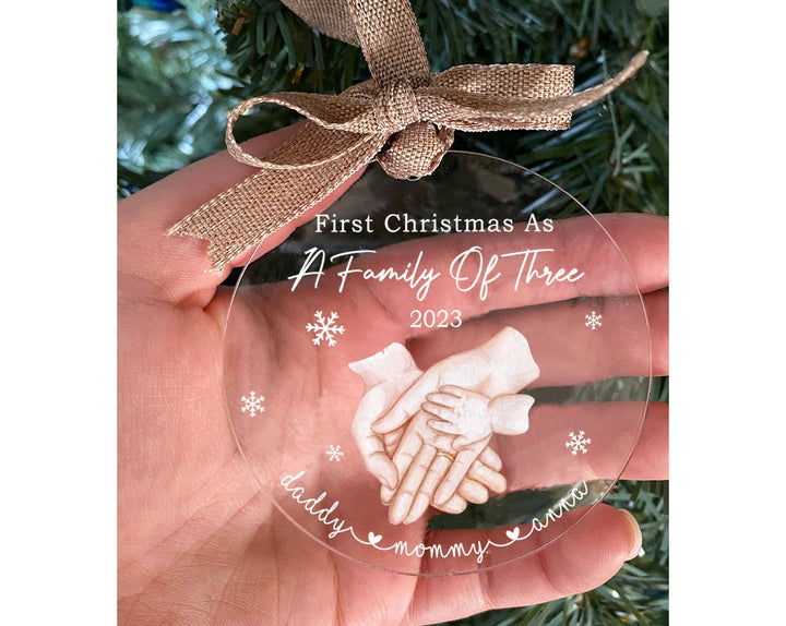 Family Of Three Ornament, Custom New  Family Ornament, Family Christmas Ornament, New Parents Christmas Gift, Baby First Christmas Ornament