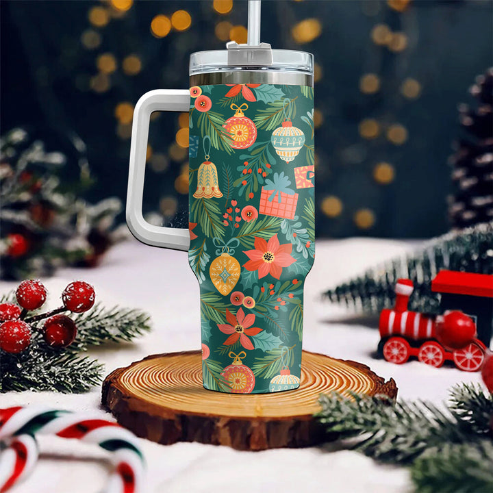 Vintage Flowers Tumbler 40oz With Handle, Christmas 40oz Tumbler, Santa 40oz Stainless Steel Tumbler With Lid and Straw, Christmas Tumbler