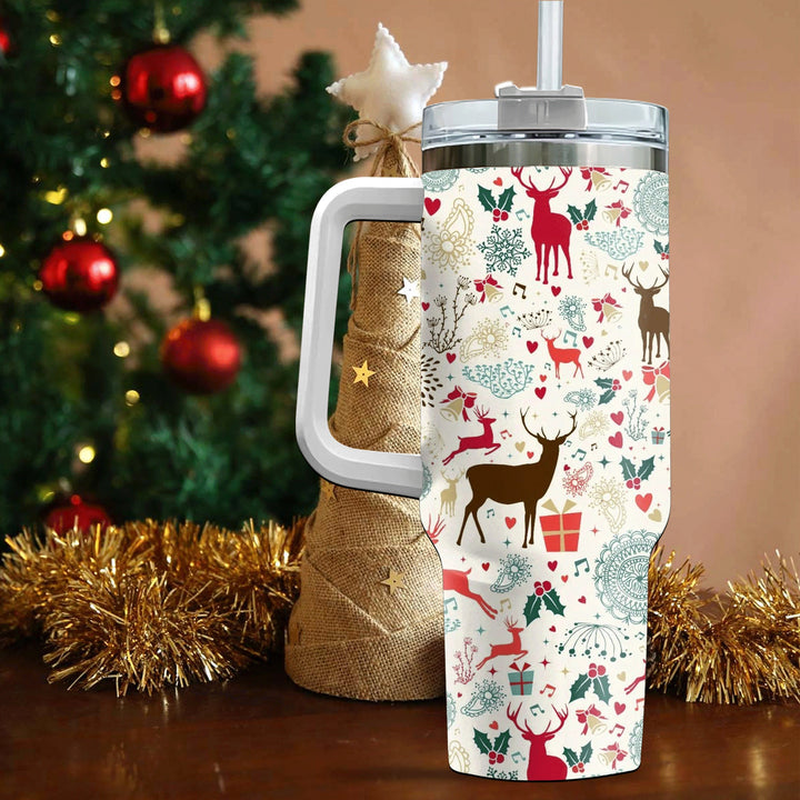 Reindeer 40oz Cup With Handle, Christmas 40oz Tumbler, Flowers 40oz Stainless Steel Tumbler With Lid and Straw, Holiday Tumbler