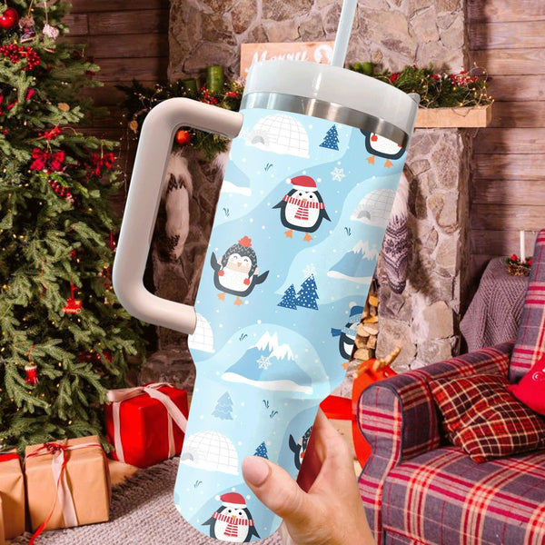 Cute Penguin Christmas 40oz Cup With Handle, Christmas 40oz Tumbler, Winter 40oz Stainless Steel Tumbler With Lid and Straw, Holiday Tumbler