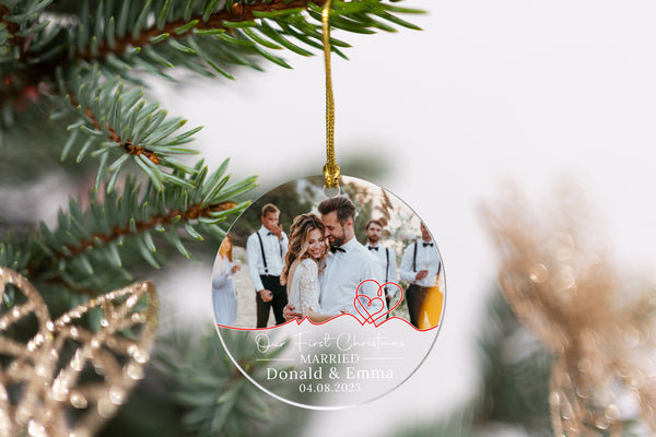 Custom Photo First Christmas Ornament, Married Ornament, Couples Name Ornament, Engagement Gift, Wedding Gift, Personalized Engaged Ornament