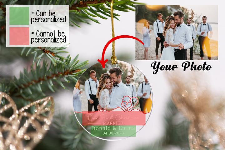 Custom Photo First Christmas Ornament, Married Ornament, Couples Name Ornament, Engagement Gift, Wedding Gift, Personalized Engaged Ornament