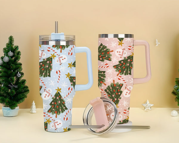 Christmas Tree and Snowman Tumbler, Merry Christmas 40oz Cup, Design Christmas 40oz Stainless Steel Tumbler With Lid and Straw.