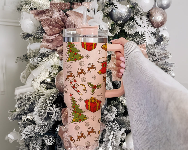 Christmas Tree and ReindeerTumbler, Merry Christmas 40oz Cup, Design Christmas 40oz Stainless Steel Tumbler With Lid and Straw.