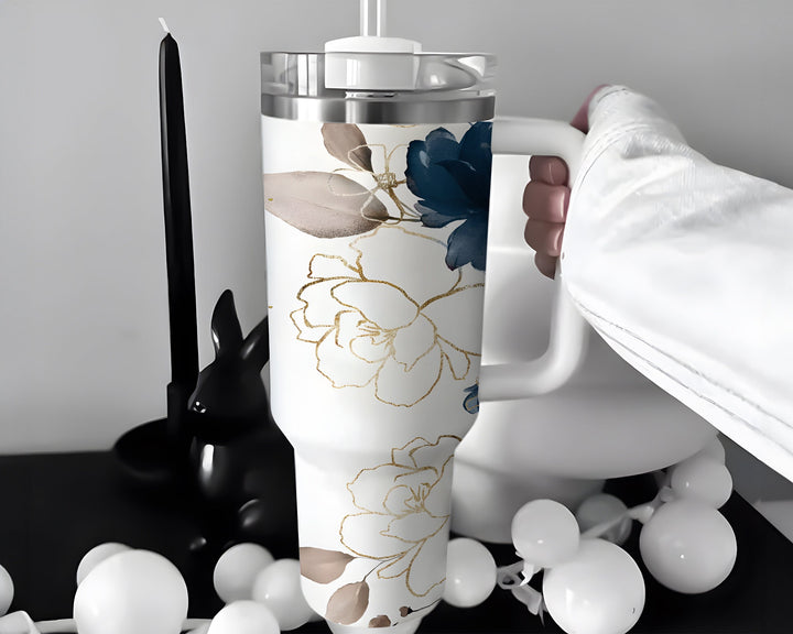 Custom Mom 40oz Christmas Floral Tumbler with Handle and Straw, Personalized Mom Stainless Steel Tumbler, Vintage Gift For Mama, Xmas Season