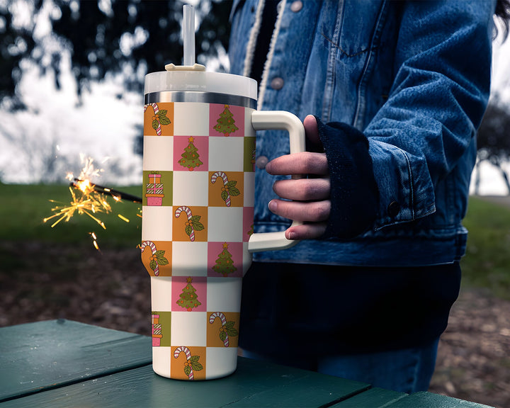 Christmas Checkers Tumbler 40oz With Handle, Christmas 40oz Tumbler, Santa 40oz Stainless Steel Tumbler With Lid and Straw, Christmas Gift