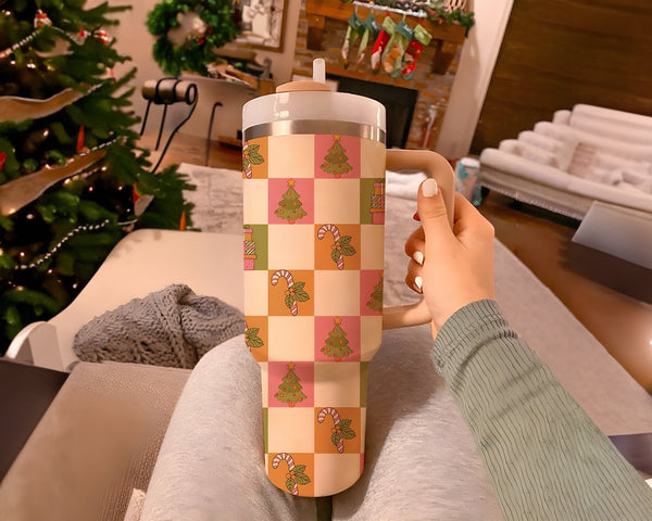 Christmas Checkers Tumbler 40oz With Handle, Christmas 40oz Tumbler, Santa 40oz Stainless Steel Tumbler With Lid and Straw, Christmas Gift