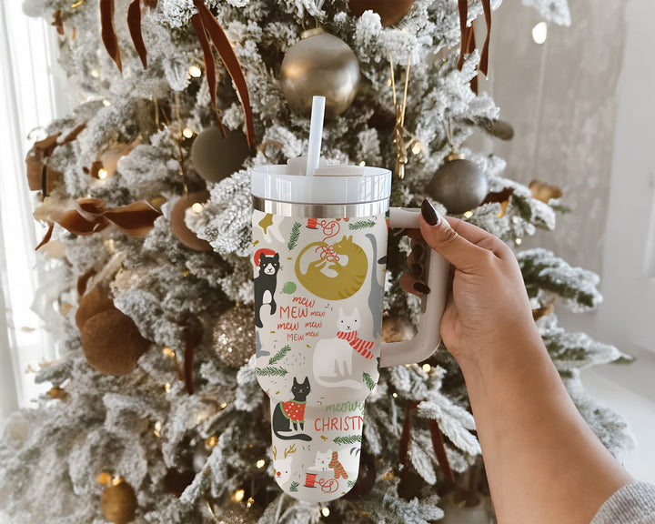 Meowy Christmas 40oz Tumbler with Handle and Straw,  Holiday Cat Lover Gift, Christmas Cat Mom Gift, Funny Cat Mug, Christmas Cat Cup