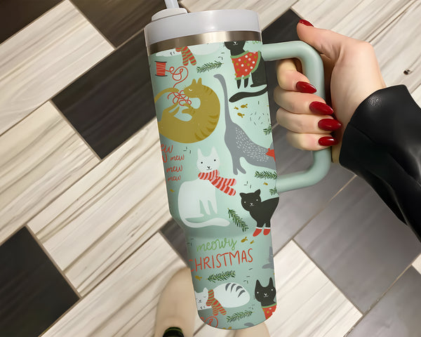 Meowy Christmas 40oz Tumbler with Handle and Straw,  Holiday Cat Lover Gift, Christmas Cat Mom Gift, Funny Cat Mug, Christmas Cat Cup