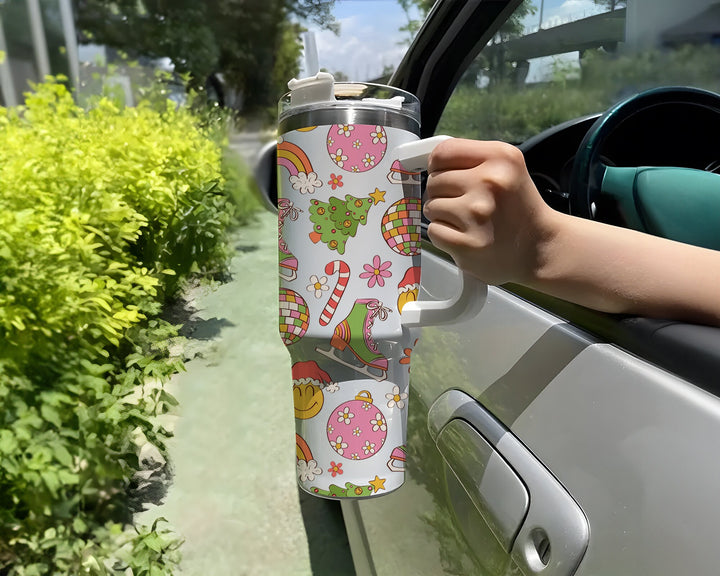 Smiley Groovy Flower 40oz Tumbler with Handle & Straw, Floral Painted Travel Mug, Eco-Friendly, Stainless Steel, Unique Tumblers.