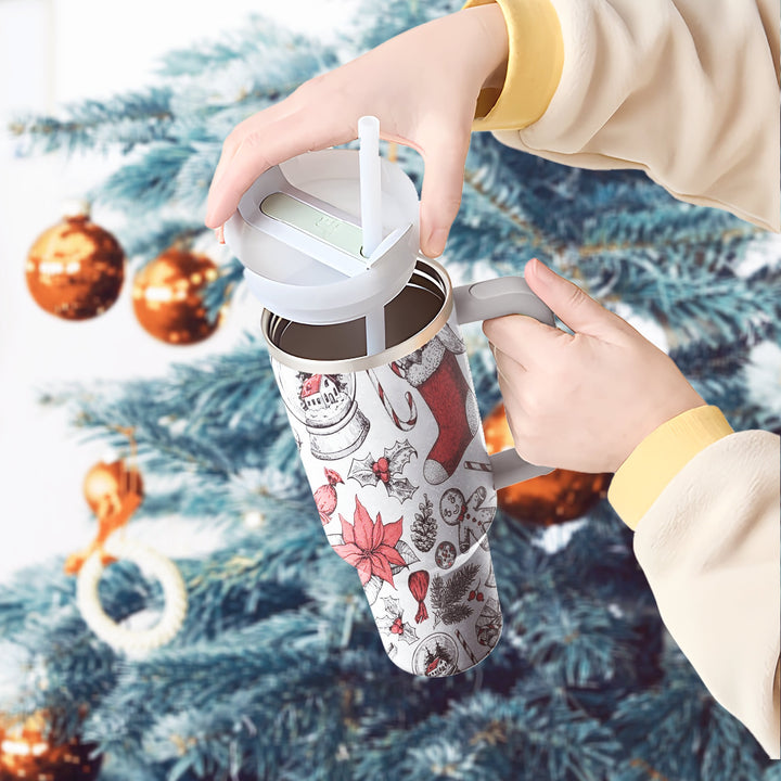 Vintage Socking 40oz Cup With Handle, Christmas 40oz Tumbler, Pinecone 40oz Stainless Steel Tumbler With Lid and Straw, Holiday Tumbler