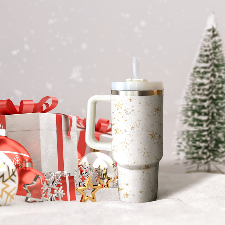 Winter Stars 40oz Cup with Handle, Christmas 40oz Tumbler, Santa 40oz Stainless Steel Tumbler With Lid and Straw, Holiday Tumbler