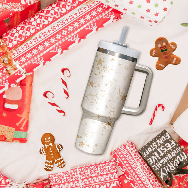 Winter Stars 40oz Cup with Handle, Christmas 40oz Tumbler, Santa 40oz Stainless Steel Tumbler With Lid and Straw, Holiday Tumbler