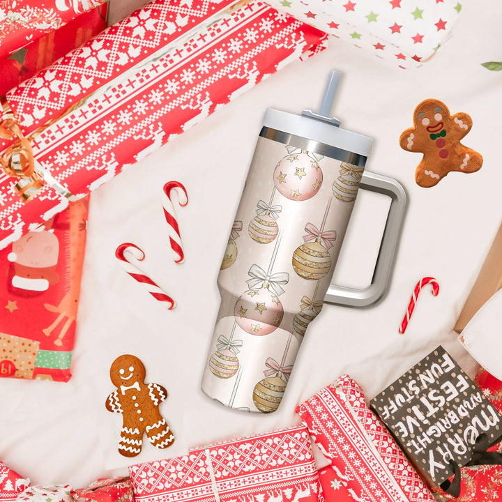 Christmas Bells 40oz Cup with Handle, Christmas 40oz Tumbler, Santa 40oz Stainless Steel Tumbler With Lid and Straw, Holiday Tumbler