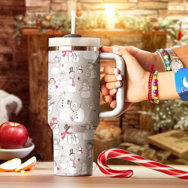 Cute Snowman Tumbler 40oz With Handle, Christmas 40oz Tumbler, Santa 40oz Stainless Steel Tumbler With Lid and Straw, Holiday Tumbler