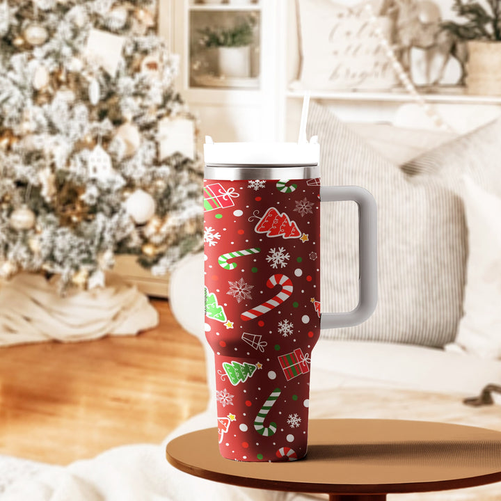 Pine Candy and Trees Tumbler 40oz With Handle, Christmas 40oz Tumbler, 40oz Stainless Steel Tumbler With Lid and Straw, Christmas Tumbler