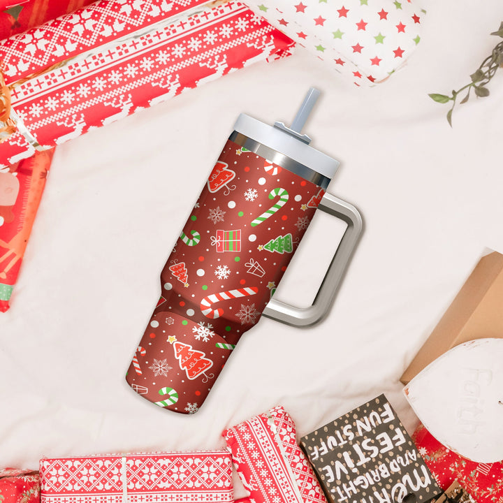 Pine Candy and Trees Tumbler 40oz With Handle, Christmas 40oz Tumbler, 40oz Stainless Steel Tumbler With Lid and Straw, Christmas Tumbler