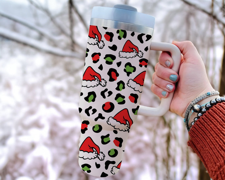 Christmas Leopard 40oz Tumbler with Handle and Straw, Cute Custom Christmas Tumblers, Travel Mug Gift for Winter.