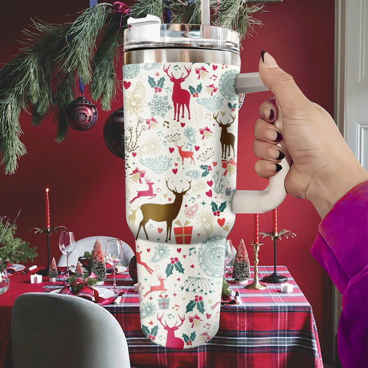 Reindeer 40oz Cup With Handle, Christmas 40oz Tumbler, Flowers 40oz Stainless Steel Tumbler With Lid and Straw, Holiday Tumbler