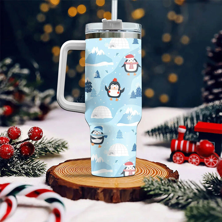 Cute Penguin Christmas 40oz Cup With Handle, Christmas 40oz Tumbler, Winter 40oz Stainless Steel Tumbler With Lid and Straw, Holiday Tumbler