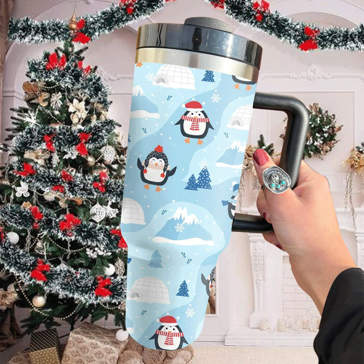 Cute Penguin Christmas 40oz Cup With Handle, Christmas 40oz Tumbler, Winter 40oz Stainless Steel Tumbler With Lid and Straw, Holiday Tumbler