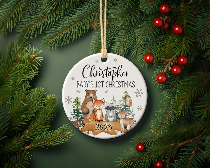 Woodland Baby's 1st Christmas Ornament, Personalized Baby Christmas Ornament, Bear Fox Raccoon Deer Owl Ornament, Forrest Animal Ornament.