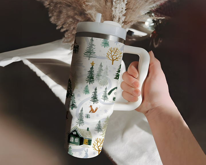 Vintage Christmas Pine Woodland Animals House 40oz Tumbler With Handle and Straw, Santa Claus Stainless Steel Cup, Christmas Gift