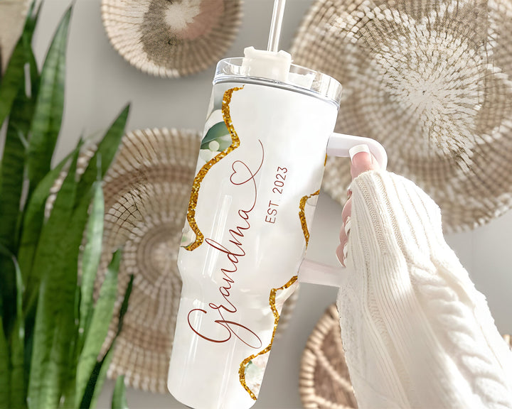 Custom Grandma Christmas Floral 40oz Tumbler with Handle and Straw, Personalized Grandma Stainless Steel Cup, vintage gift for grandmother