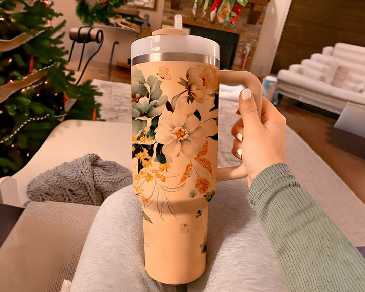 Vintage Christmas Flower 40oz Tumbler with Handle and Straw, Floral Golden Stainless Steel Cup, cozy winter gift for christmas