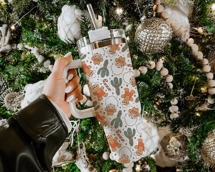 Christmas Cowboy Santa 40oz Tumbler with Handle and Straw, Floral Cowgirl Crib Bedding Tumbler, Christmas Tumblers, Fall Cactus Swaddle
