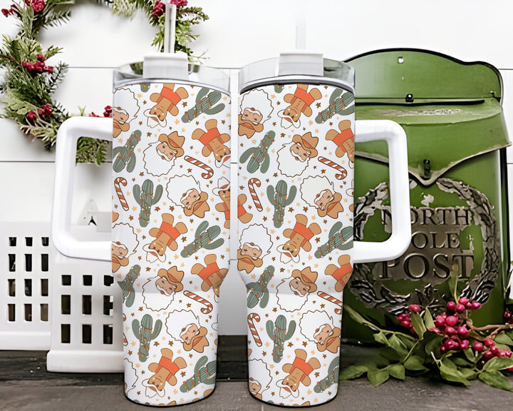 Christmas Cowboy Santa 40oz Tumbler with Handle and Straw, Floral Cowgirl Crib Bedding Tumbler, Christmas Tumblers, Fall Cactus Swaddle