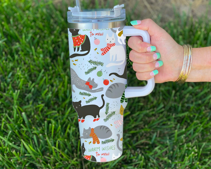 Meowy Christmas 40oz Tumbler with Handle and Straw,  Holiday Cat Lover Gift, Christmas Cat Mom Gift, Funny Cat Mug, Christmas Cat Cup