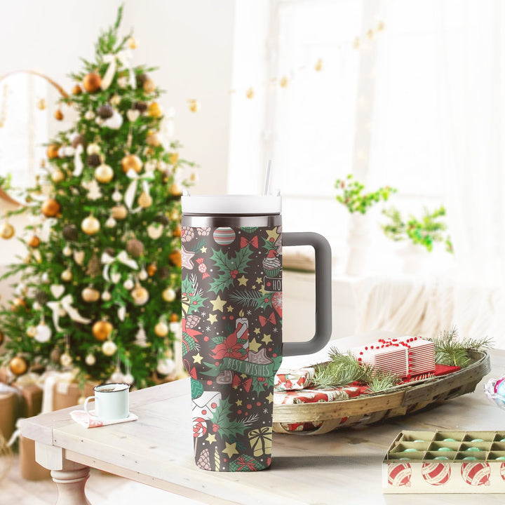 Best Wishes 40oz Cup With Handle, Christmas 40oz Tumbler, Flower 40oz Stainless Steel Tumbler With Lid and Straw, Holiday Tumbler