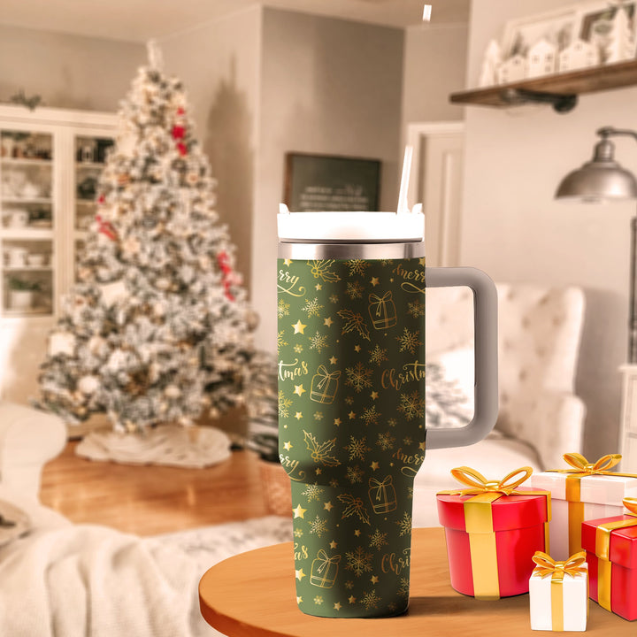 Merry Christmas 40oz Cup With Handle, Christmas 40oz Tumbler, Santa 40oz Stainless Steel Tumbler With Lid and Straw, Holiday Tumbler