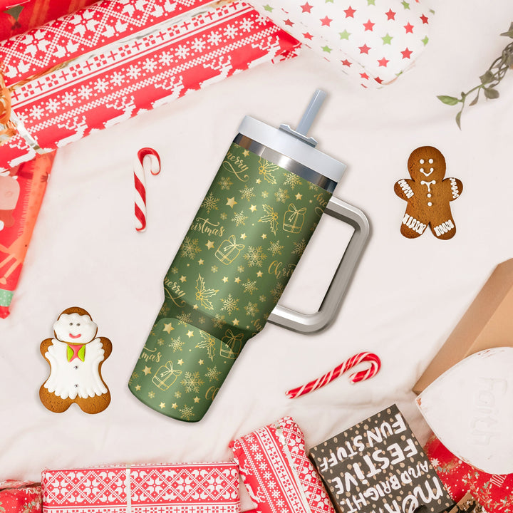 Merry Christmas 40oz Cup With Handle, Christmas 40oz Tumbler, Santa 40oz Stainless Steel Tumbler With Lid and Straw, Holiday Tumbler