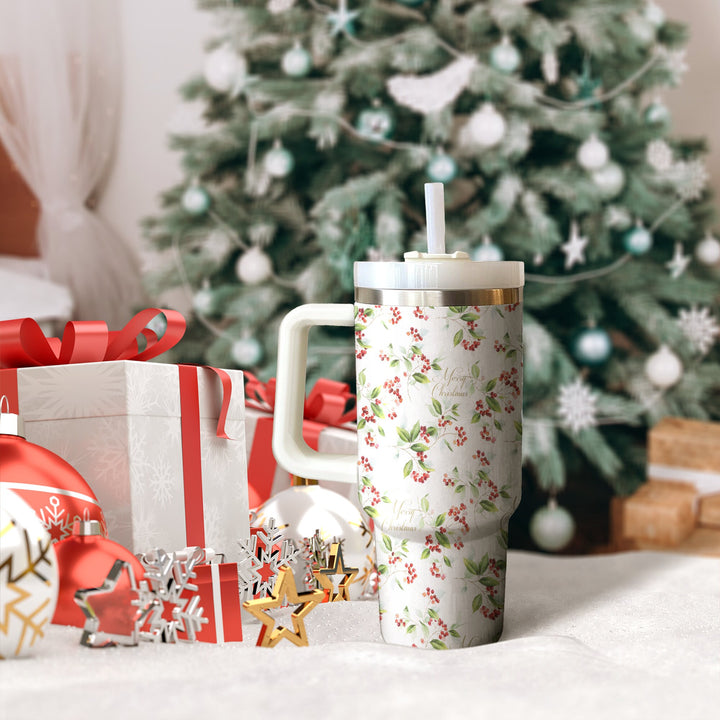 Vintage Flower Merry Christmas 40oz Cup, Christmas 40oz Tumbler, Santa 40oz Stainless Steel Tumbler With Lid and Straw, Christmas Tumbler