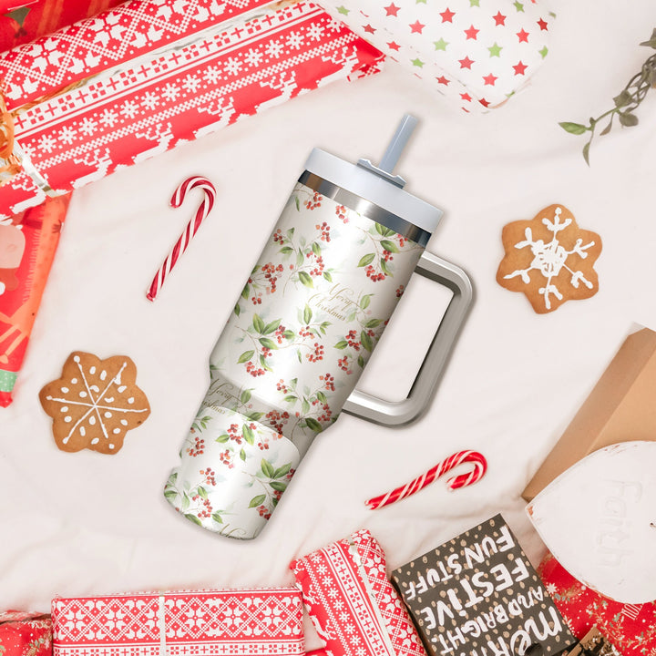 Vintage Flower Merry Christmas 40oz Cup, Christmas 40oz Tumbler, Santa 40oz Stainless Steel Tumbler With Lid and Straw, Christmas Tumbler