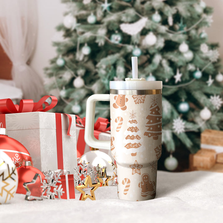 Gingerbread Cookies Tumbler 40oz With Handle, Christmas 40oz Tumbler, 40oz Stainless Steel Tumbler With Lid and Straw, Christmas Tumbler