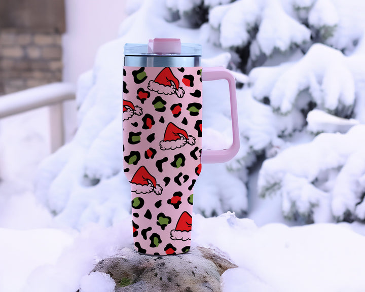 Christmas Leopard 40oz Tumbler with Handle and Straw, Cute Custom Christmas Tumblers, Travel Mug Gift for Winter.