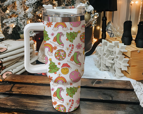 Smiley Groovy Flower 40oz Tumbler with Handle & Straw, Floral Painted Travel Mug, Eco-Friendly, Stainless Steel, Unique Tumblers.