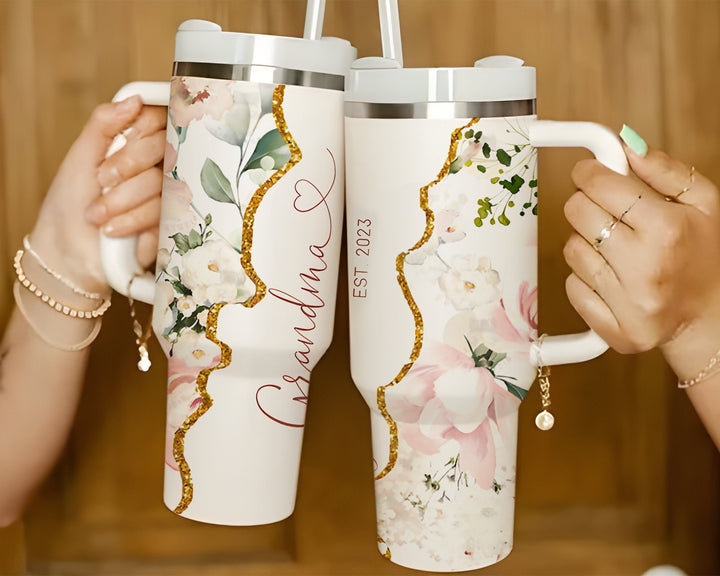 Custom Grandma Christmas Floral 40oz Tumbler with Handle and Straw, Personalized Grandma Stainless Steel Cup, vintage gift for grandmother