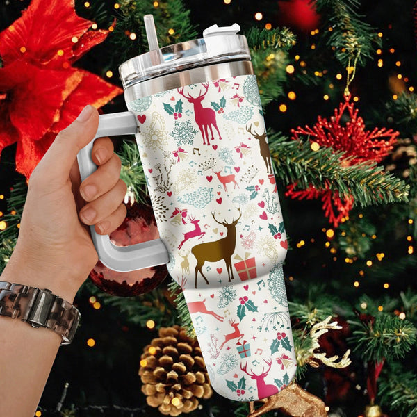 Reindeer 40oz Cup With Handle, Christmas 40oz Tumbler, Flowers 40oz Stainless Steel Tumbler With Lid and Straw, Holiday Tumbler
