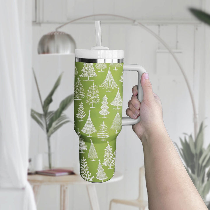 Christmas Hand Draw Pine Tree 40oz Tumbler Stainless Steel With Handle & Straw, Tumbler 40oz With Handle, Holiday Tumbler